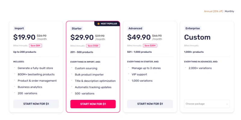 Auto DS dropshipping pricing plans import starter advanced enterprise