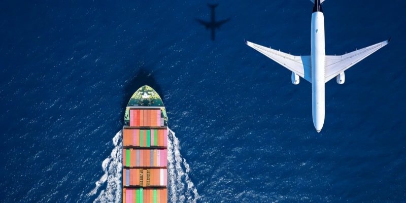 Aerial view cargo ship and airplane global shipping