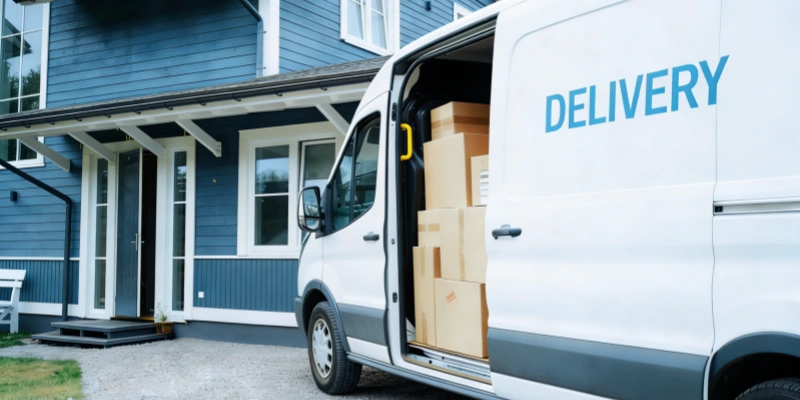 Delivery van with packages parked at home