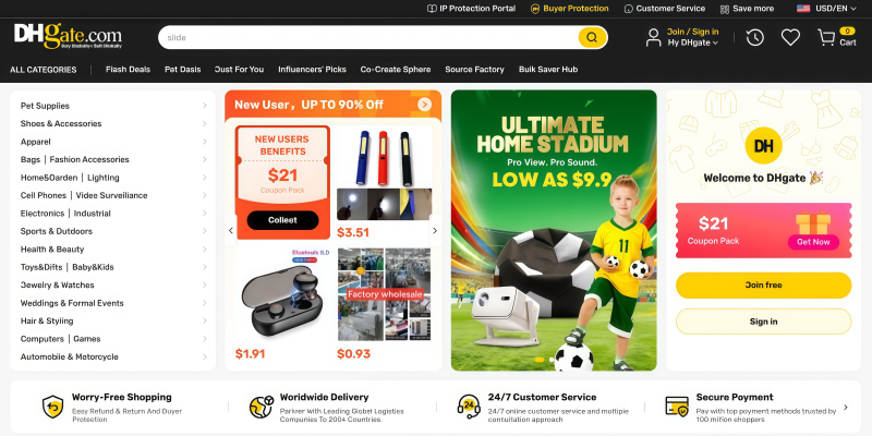 DHgate homepage product search categories