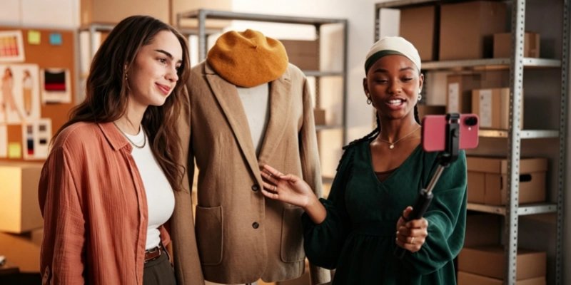 Fashion business owners livestreaming clothing sale e-commerce