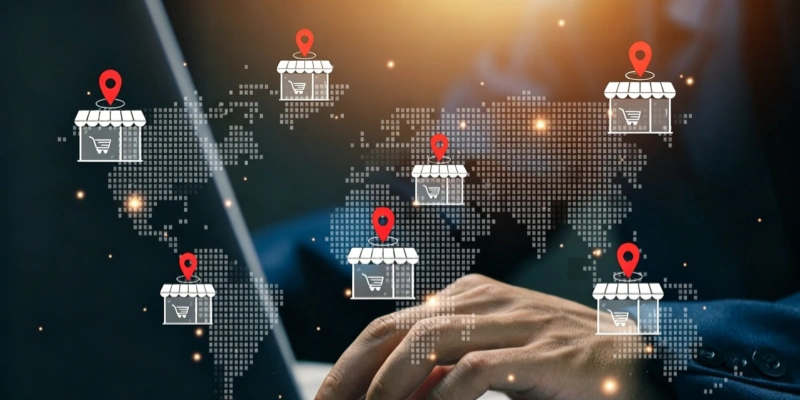 Global e-commerce business world map store locations laptop