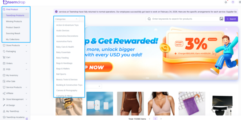 TeemDrop platform interface for finding winning dropshipping products and categories