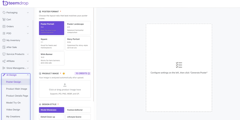 TeemDrop AI design poster generator dashboard e-commerce marketing content