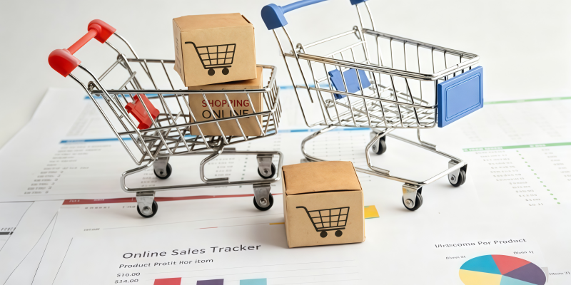 E-commerce online sales tracker shopping carts cardboard boxes