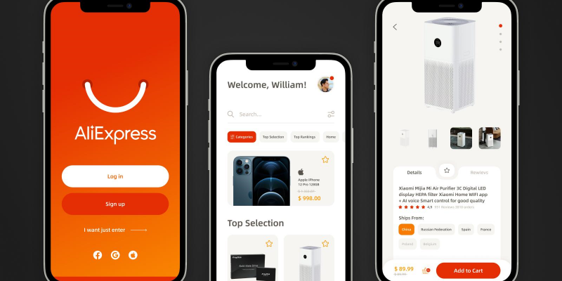 Aliexpress app mobile screens login product details