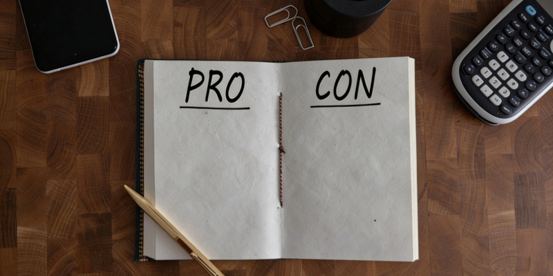 Pros cons analysis open notebook pencil calculator smartphone wooden desk