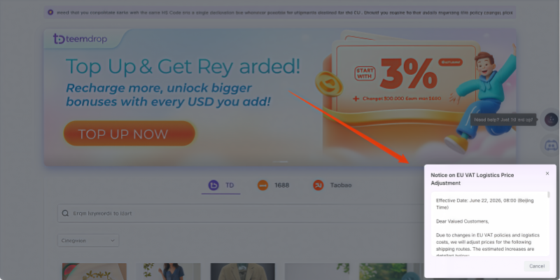 TeemDrop dashboard notice on eu vat logistics price adjustment pop up
