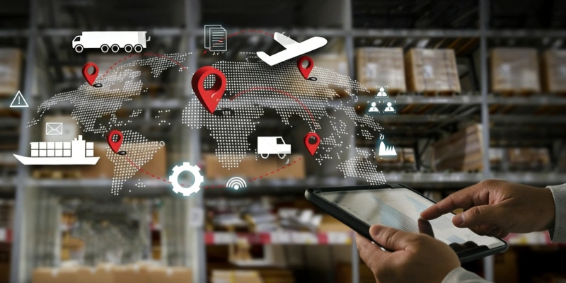Global logistics supply chain fulfillment warehouse management digital tablet interface