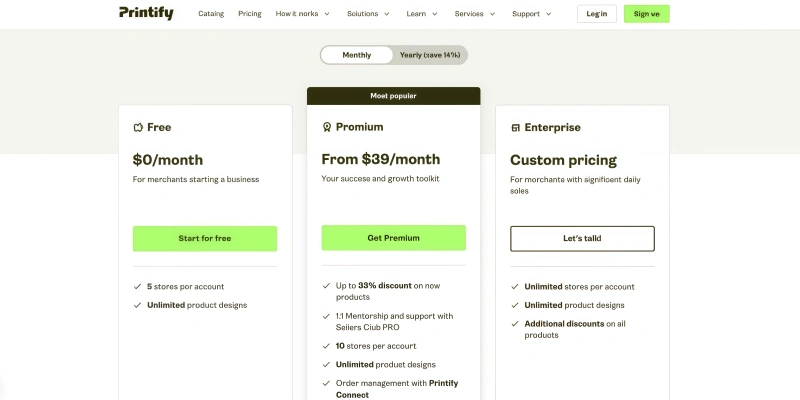 Printify pricing plans free premium enterprise monthly options