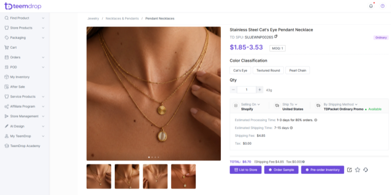 TeemDrop stainless steel cats eye pendant necklace