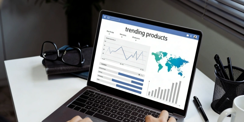 Laptop showing trending products dashboard