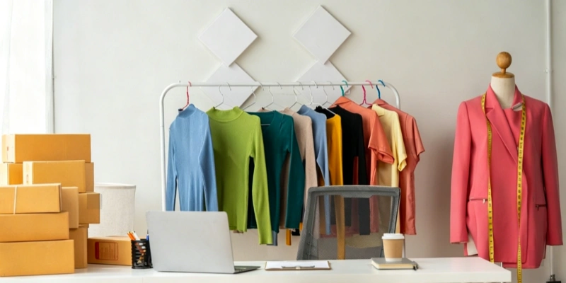 Fashion clothing studio e-commerce business workspace with boxes
