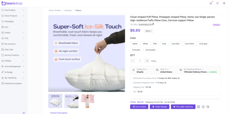 TeemDrop ecommerce product sourcing interface dashboard