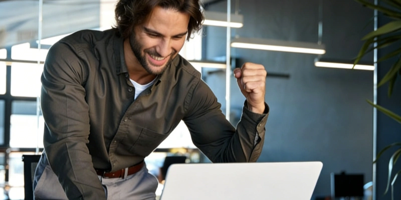 Young man smiling and celebrating success in front of laptop in modern office