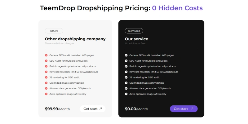 Teemdrop dropshipping pricing no hidden costs comparison