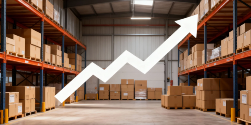 Warehouse with boxes and upward arrow showing dropshipping growth