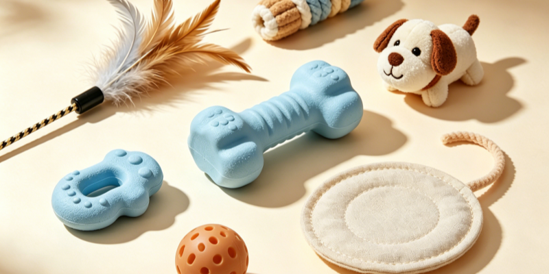 Blue rubber dog chew toy bone with assorted pet toys and plush dog