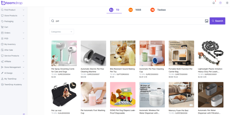 TeemDrop platform pet products search results interface