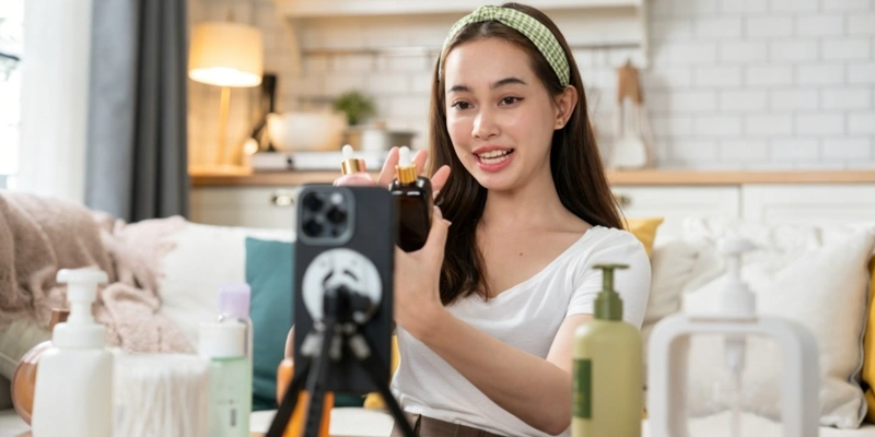 Beauty content creator filming skincare serum with smartphone