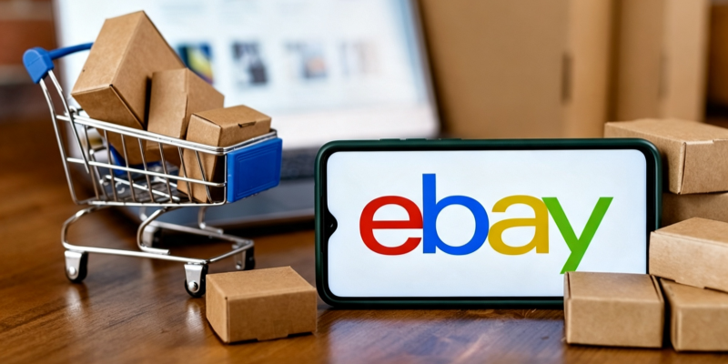 eBay order fulfillment and shipping boxes concept