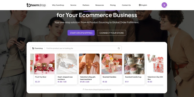 Teemdrop homepage dropshipping products ai sourcing