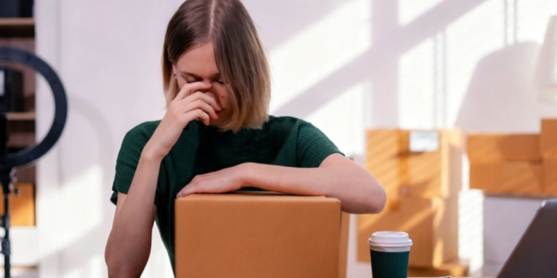Woman stressed packing boxes e-commerce business