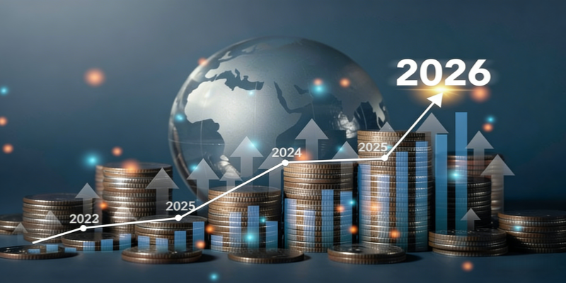Global dropshipping ecommerce growth projection 2026 globe coins arrows