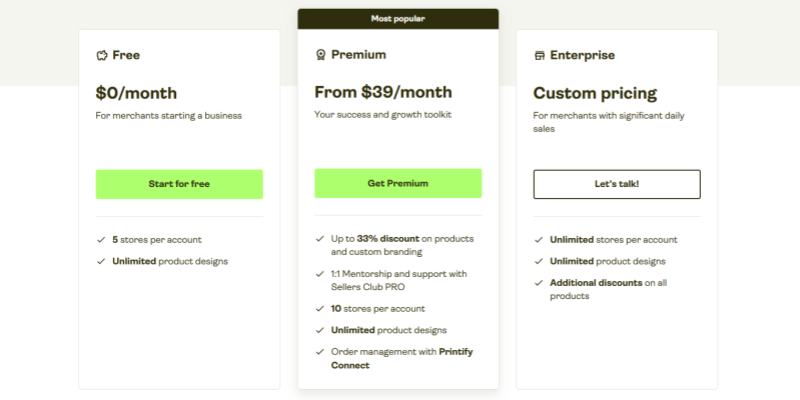 Printify subscription pricing page with free premium and enterprise plans