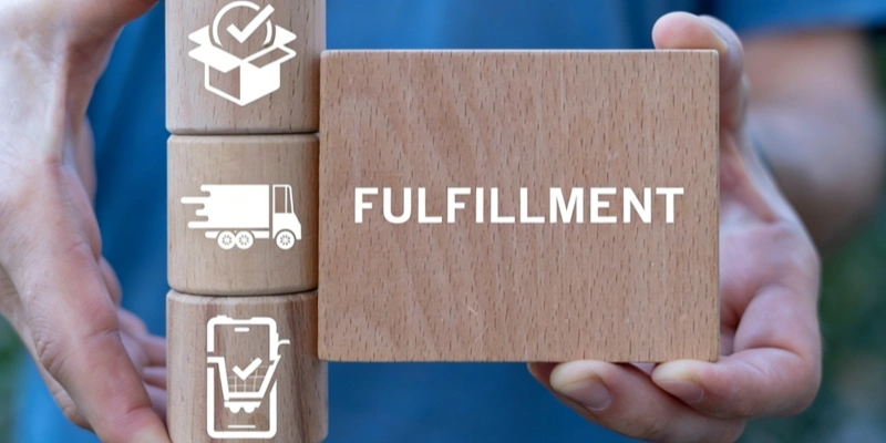 Ecommerce fulfillment process icons wooden blocks hand holding