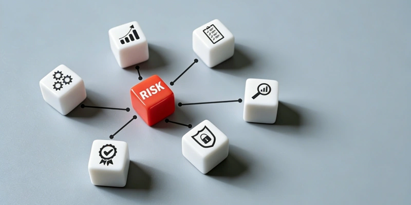 Central red risk cube connected to surrounding icon cubes