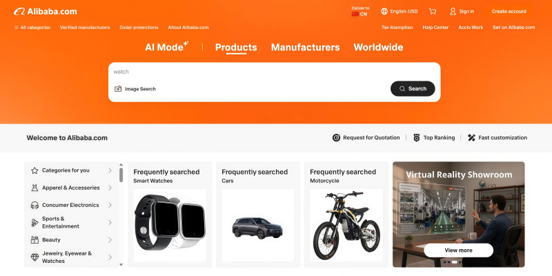 Alibaba homepage product search categories