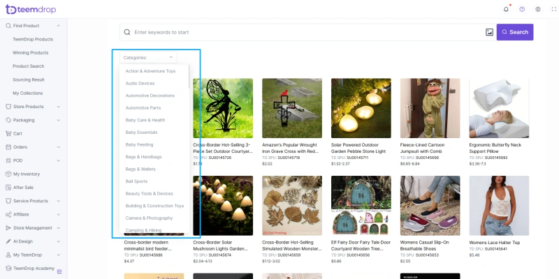 TeemDrop winning products dashboard for dropshipping product research and sourcing