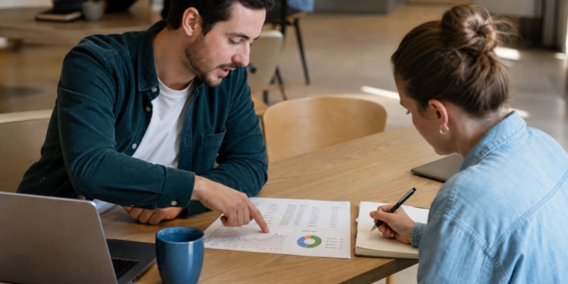 Business partners analyzing financial report collaboration