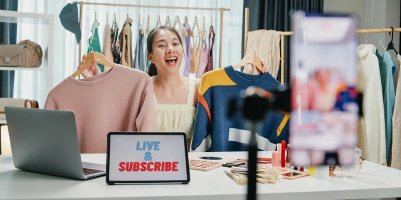 Fashion livestream selling clothing products for ecommerce and social commerce