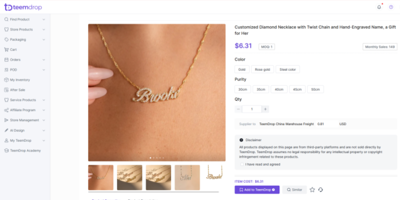 TeemDrop customized diamond name necklace