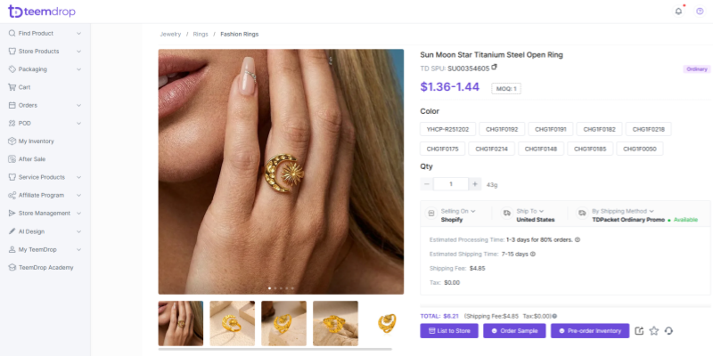 TeemDrop jewelry dropshipping titanium steel ring sourcing