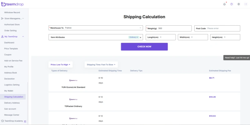 Teemdrop dropshipping shipping calculator tool
