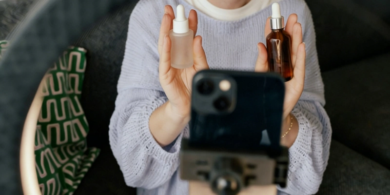 Woman holding serum dropper bottles recording smartphone video