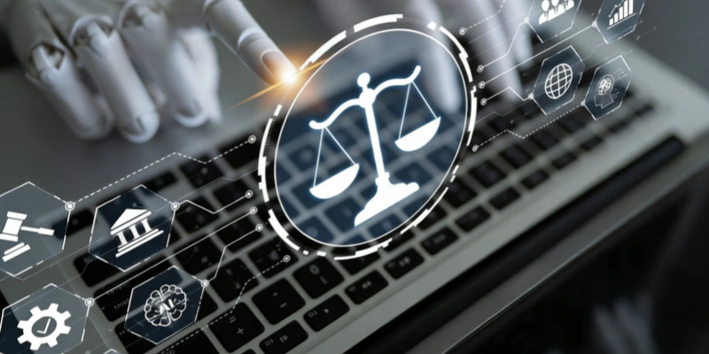 Robotic finger touching glowing justice scales icon above laptop keyboard