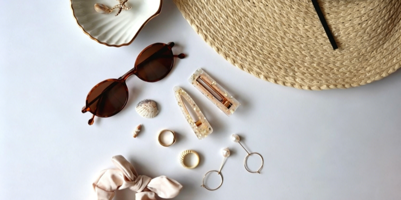 Summer beach accessories flat lay with straw hat sunglasses and hair clips