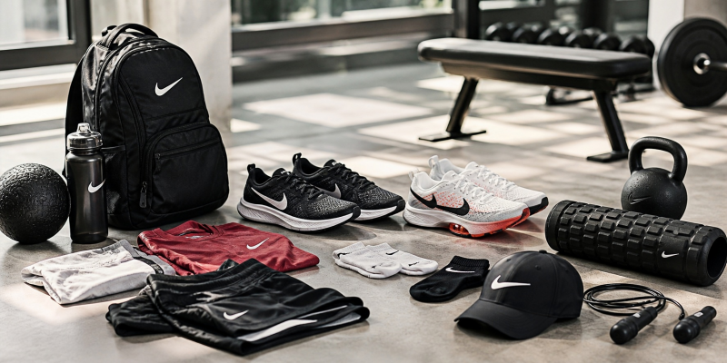 Nike product line example showcasing shoes, apparel, backpack, and workout accessories