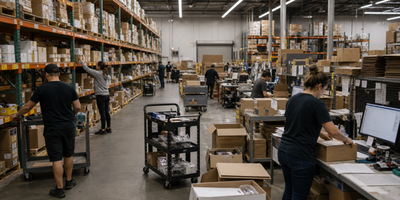 Ecommerce fulfillment center warehouse workers packing orders