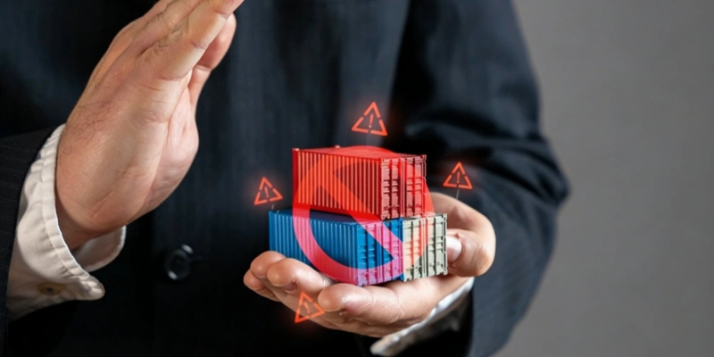 Hands holding shipping containers with prohibition symbol and warning icons