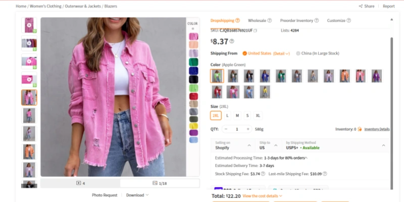 CJ dropshipping pink distressed denim jacket women product listing