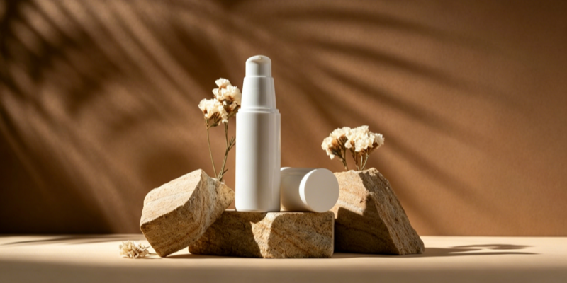White pump bottle skincare product on stone blocks with dried flowers