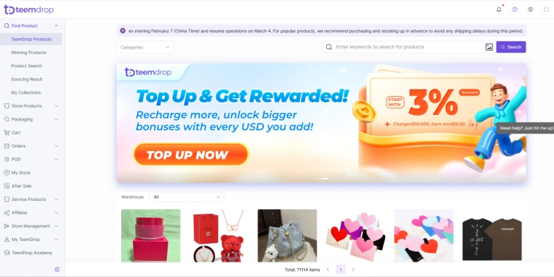 Teemdrop dashboard trending products dropshipping platform