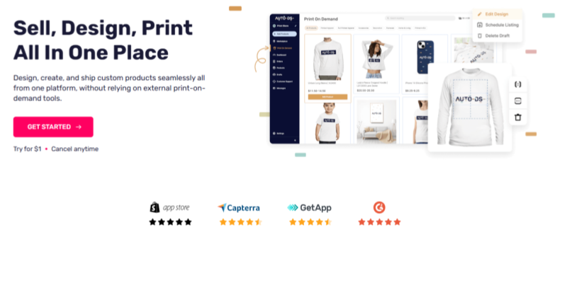 AutoDS print-on-demand platform dashboard with custom product design tools