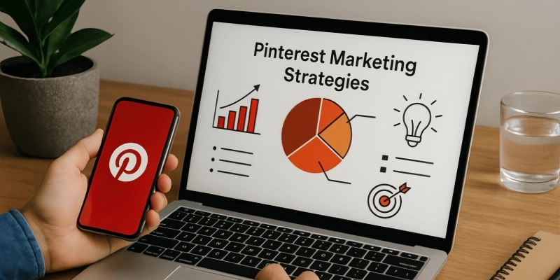 Pinterest marketing strategies on laptop with smartphone