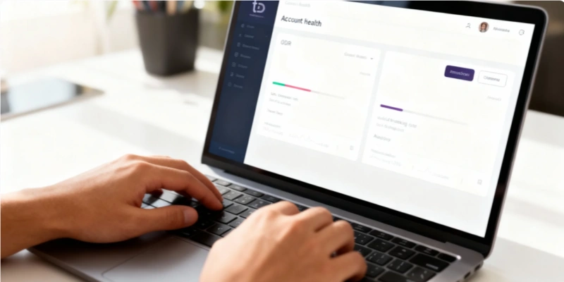 Seller reviewing amazon dropshipping account health on a laptop dashboard